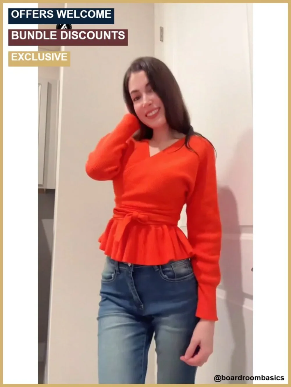 Women's Wrap V Neck Ruffle Hem Batwing Sleeve Knit Sweater with Belt